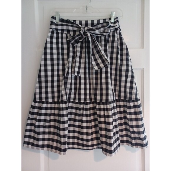 J. Crew black white cotton gingham midiskirt 2 tie waist ruffle holiday preppy - Picture 2 of 12